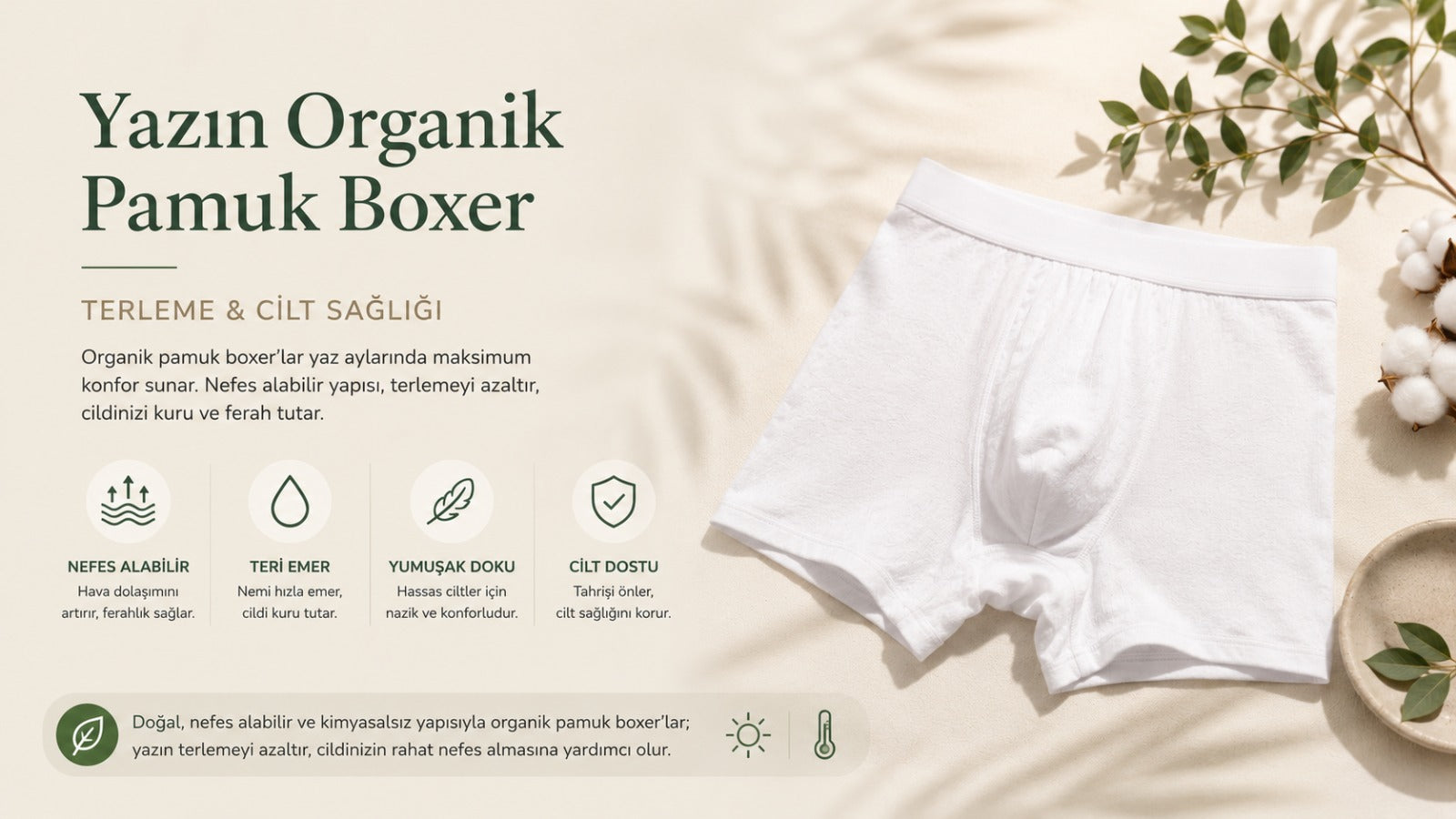 Yazın organik pamuk boxer - terleme önleme ve cilt sağlığı için GOTS güvencesi